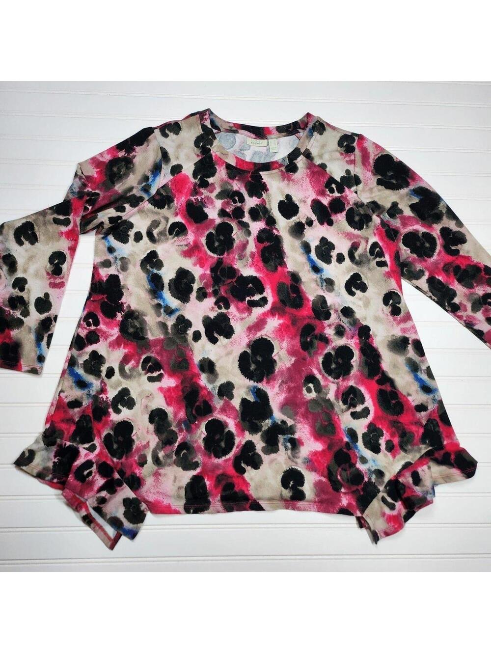 LOGO Lounge Tunic Top Animal Print Long Sleeve Ruffle Hem Pink Black Size S